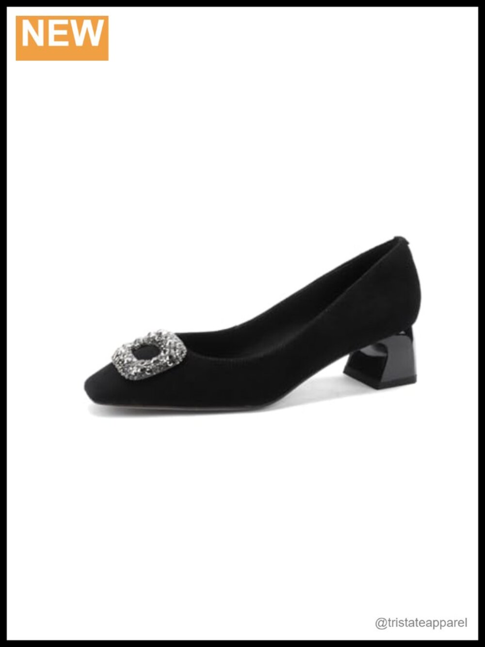 Suede Leather Square Toe Block Heel Pumps Crystal Buckle